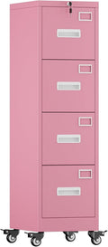Pink 4-Drawer Metal File Cabinet with Lock and Wheels I720