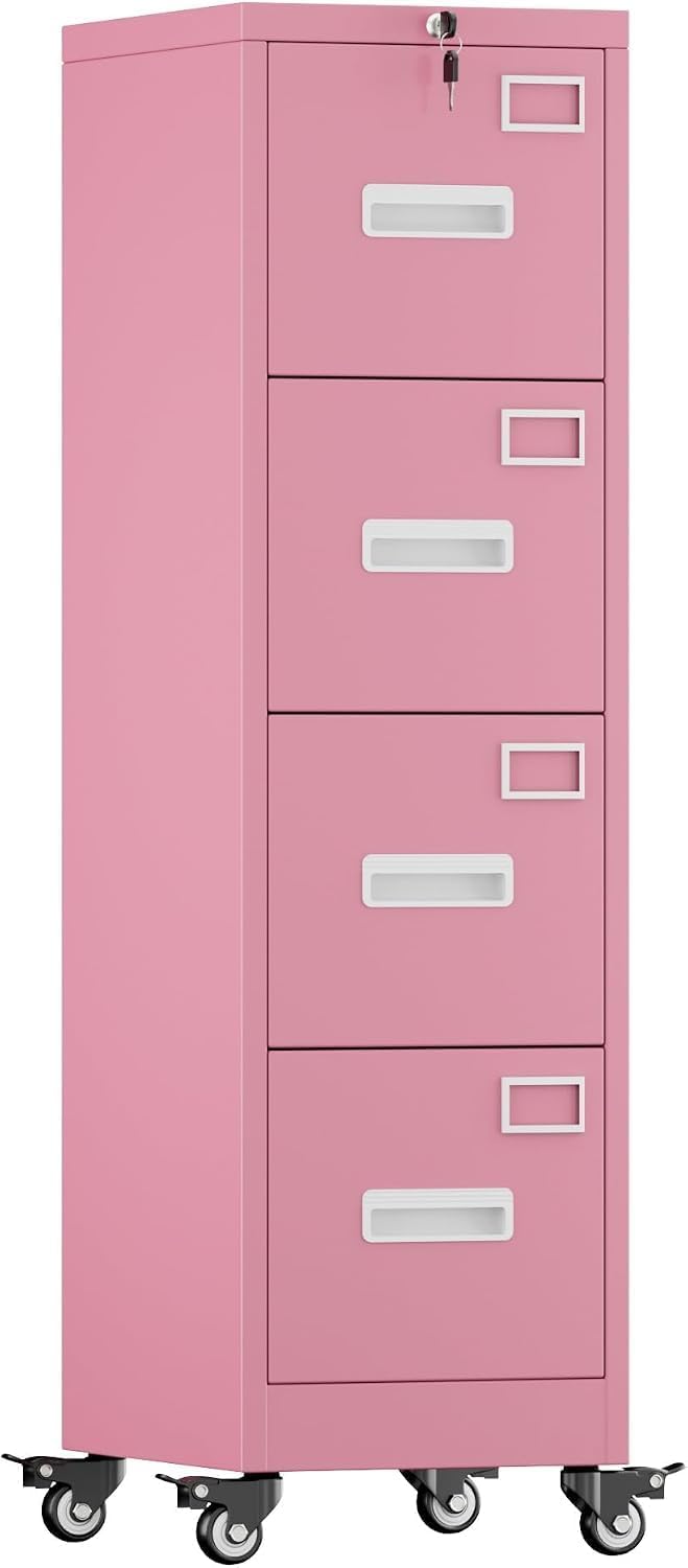 Pink 4-Drawer Metal File Cabinet with Lock and Wheels I720