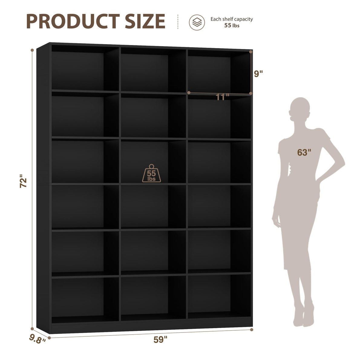 59" W Triple Wide Black Bookshelf and Bookcase J2955