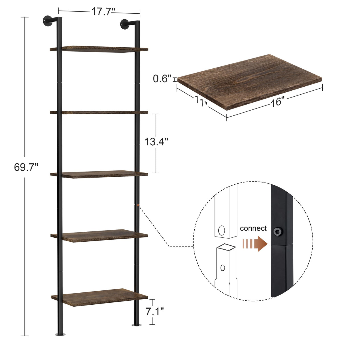 5-Tier Solid Wood Ladder Bookshelf L850