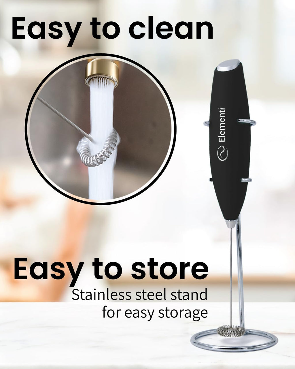 Black Handheld Milk Frother Wand with Stand A687