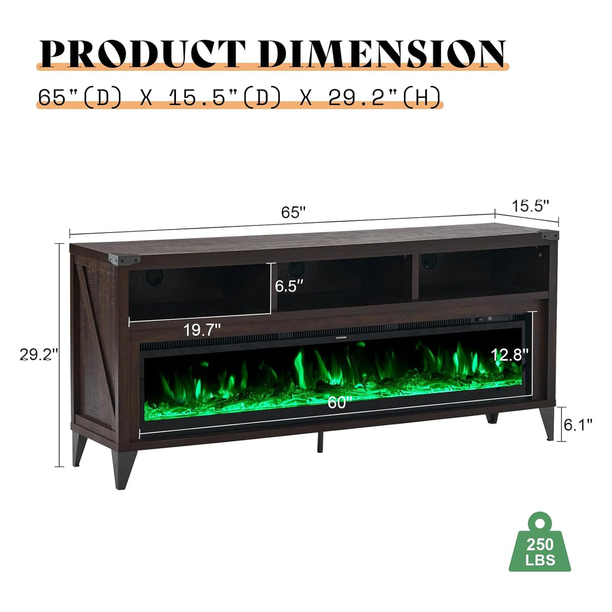 65" Fireplace TV Stand with 60" Glass Electric Fireplace V331