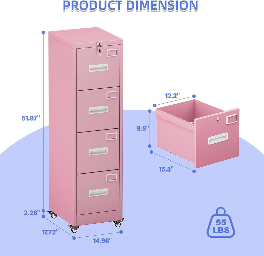 Pink 4-Drawer Metal File Cabinet with Lock and Wheels I720