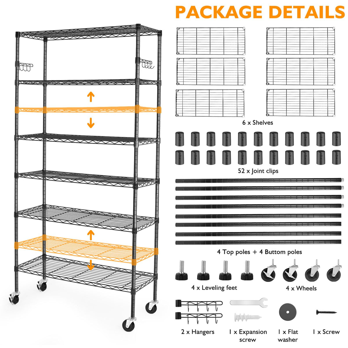 6 Tier Heavy Duty Adjustable Metal Wire Shelving Rack with Wheels, Black H764
