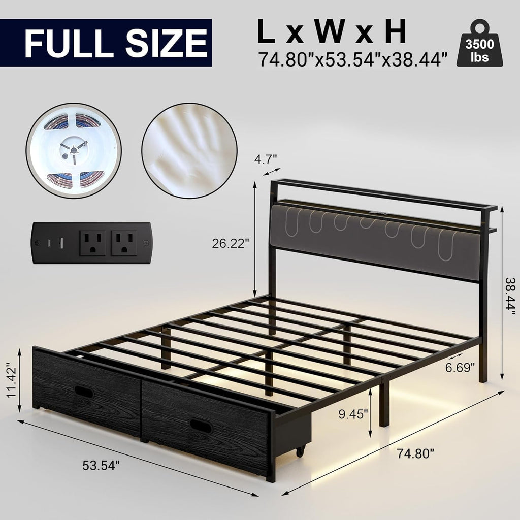 Full Bed Frame with 2 Drawers, LED Lights and Charging Station P436