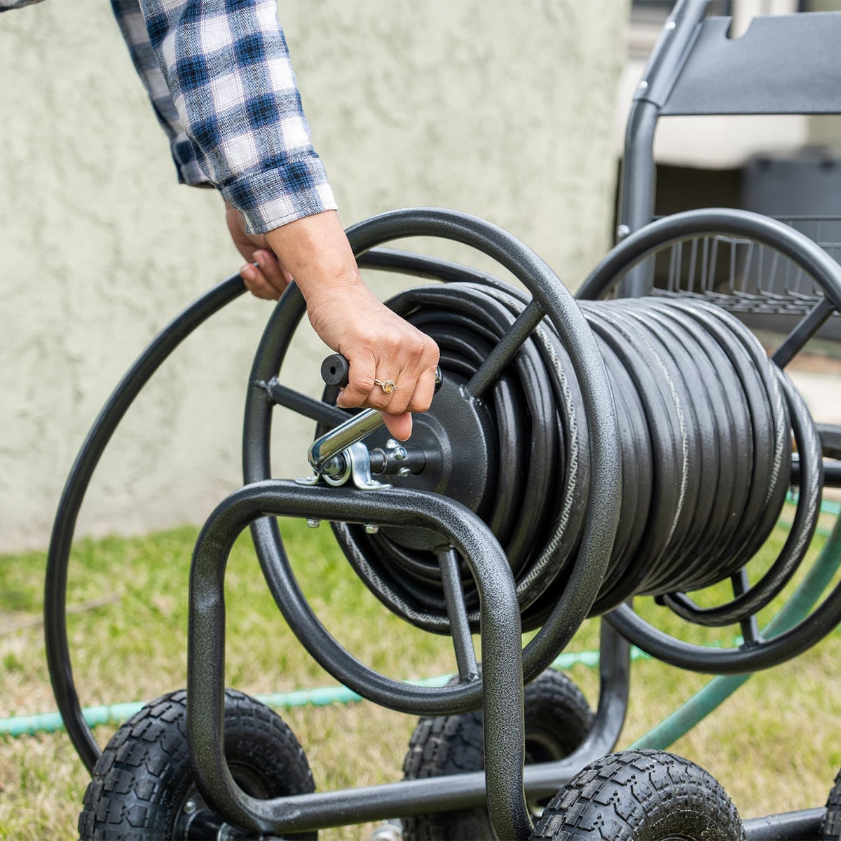 Hose Reel Cart with Wheels, 300-Feet Capacity, Grey C15527