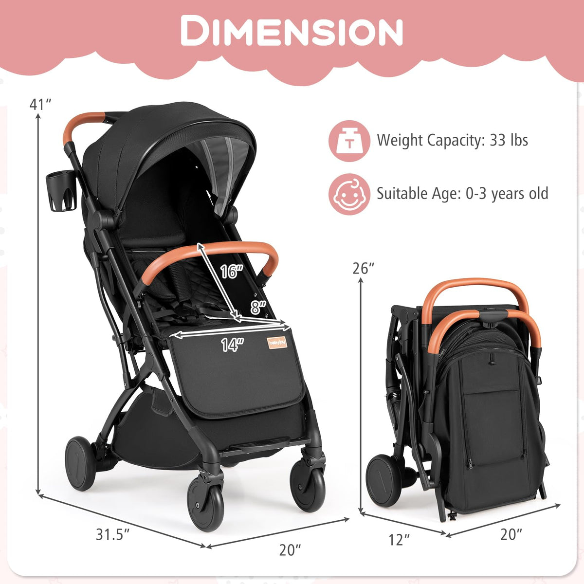 Lightweight Compact Stroller with One-Hand Fold and Canopy Y353258
