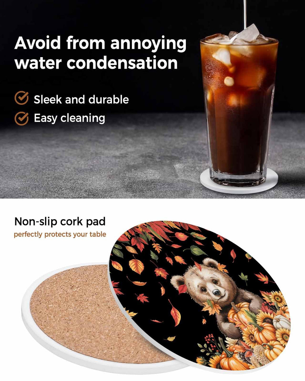 Absorbent Stone Ceramic Coaster with Cork Back, Set of 8 I5684