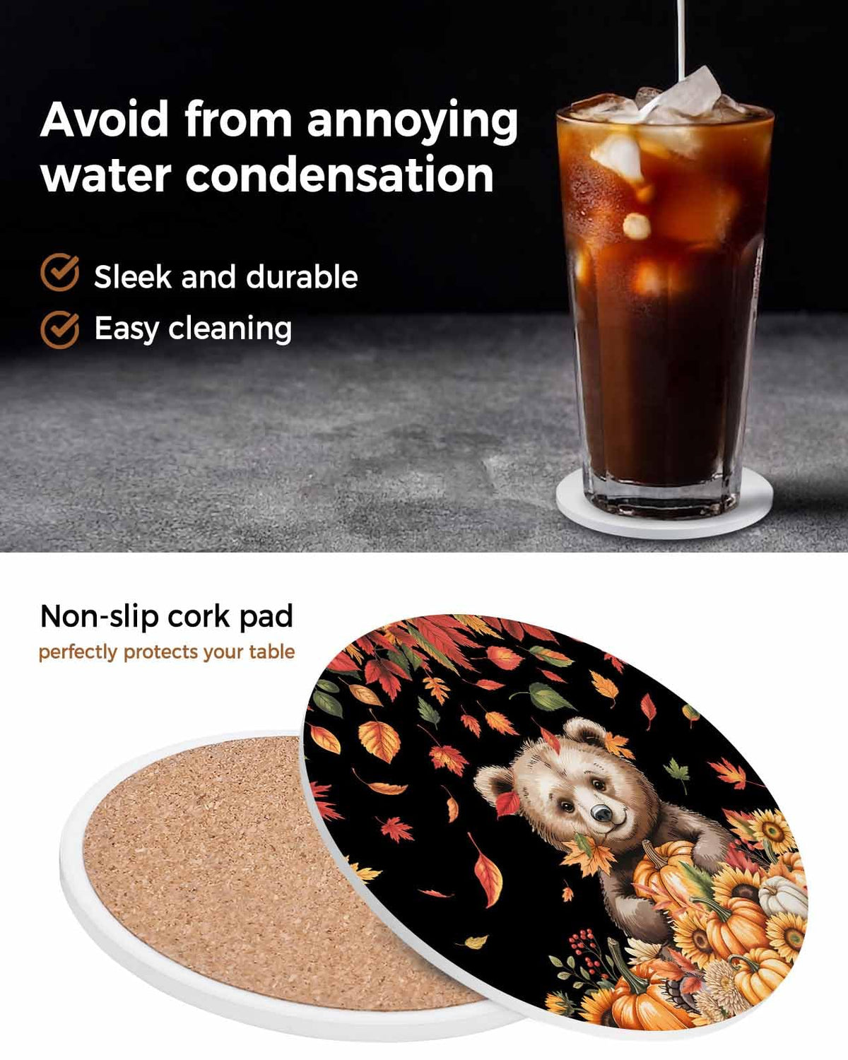 Absorbent Stone Ceramic Coaster with Cork Back, Set of 8 I5684