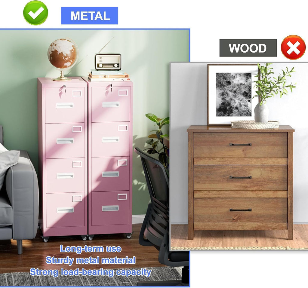 Pink 4-Drawer Metal File Cabinet with Lock and Wheels I720