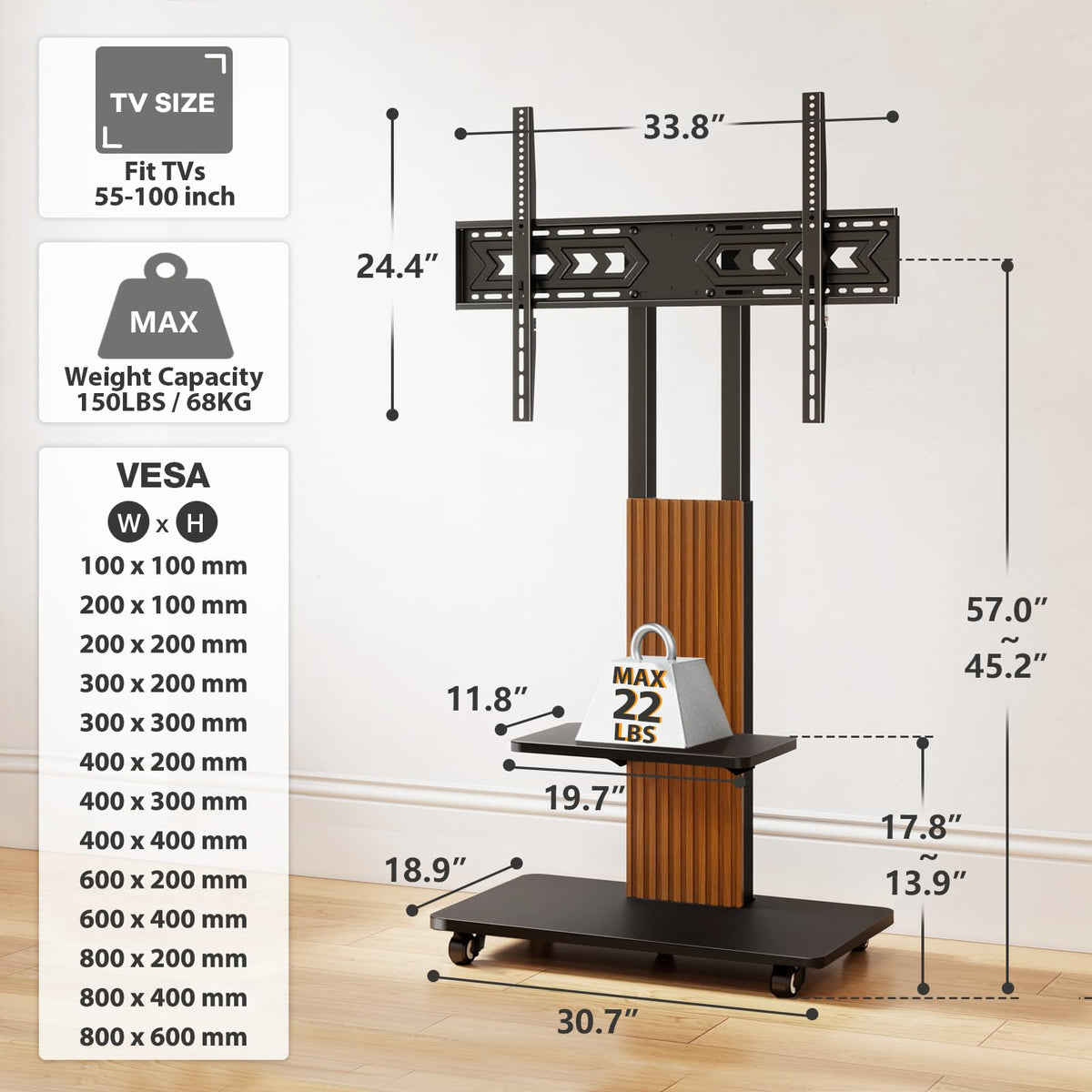 Heavy Duty Rolling TV Stand for 55-100 inch Large Screens B5240