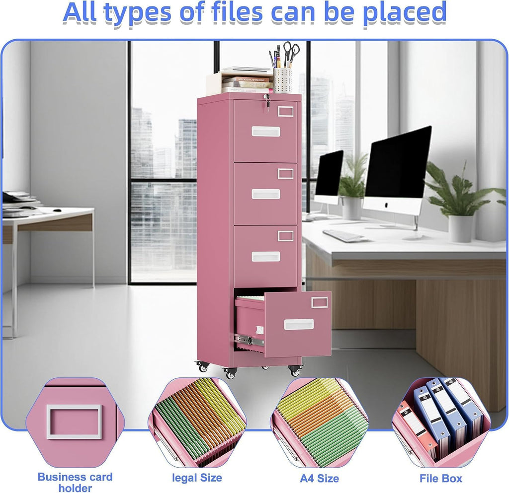 Pink 4-Drawer Metal File Cabinet with Lock and Wheels I720
