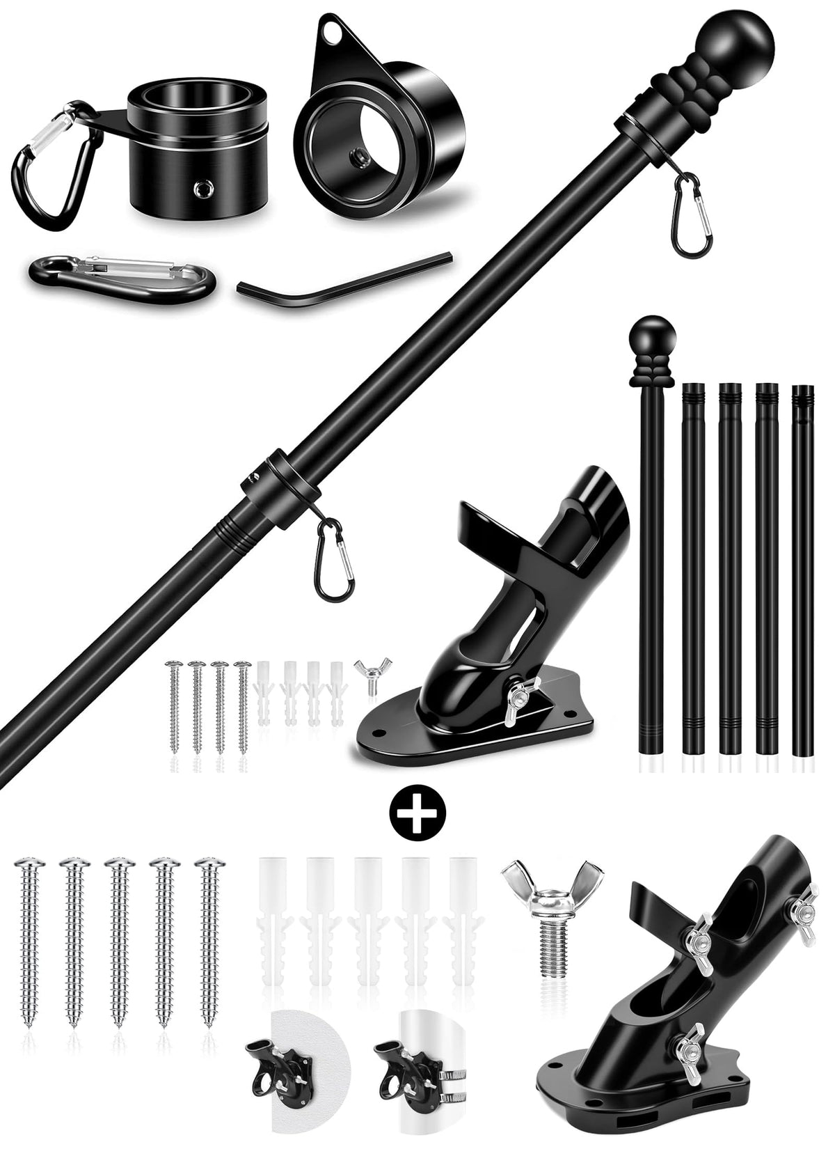 6 FT Black Metal Flagpole Kit and 1" Flag Pole Holder F37712