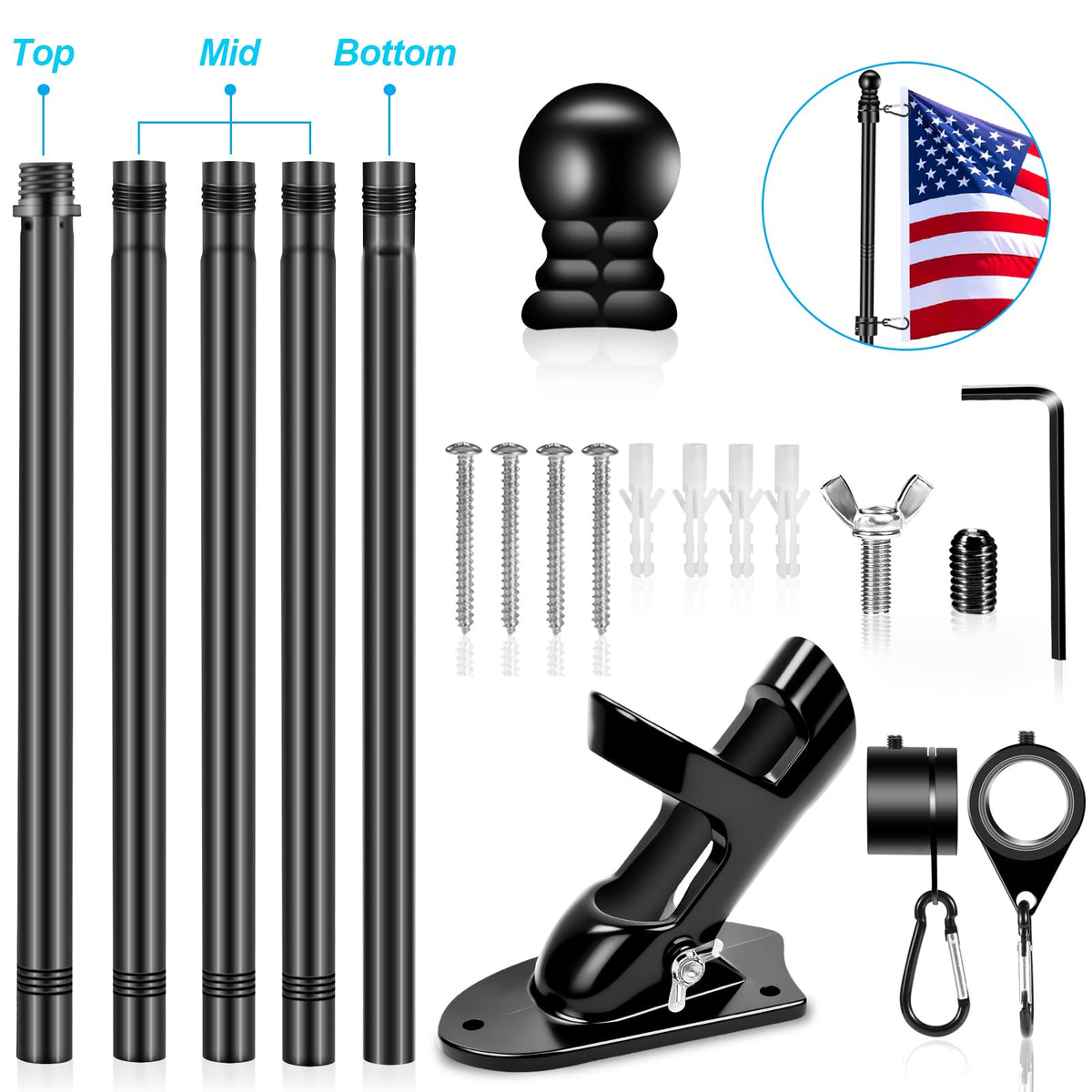 6 FT Black Metal Flagpole Kit and 1" Flag Pole Holder F37712