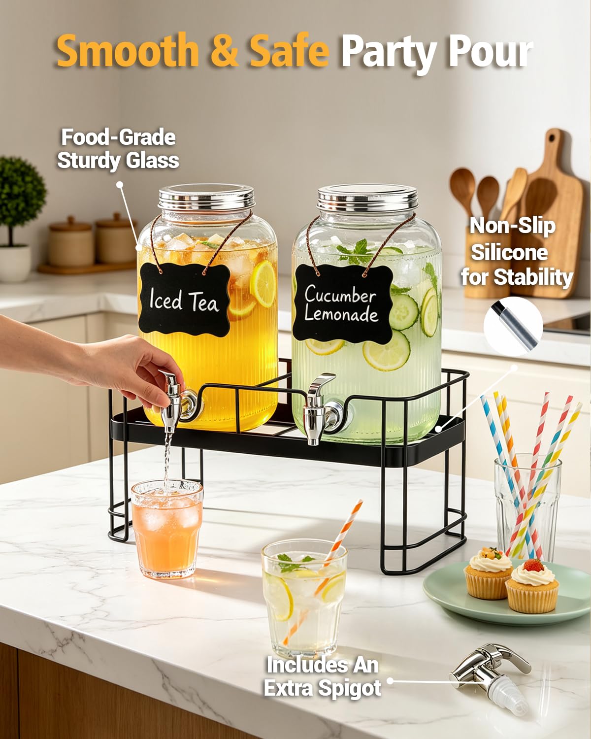 2 Pack 1 Gallon Glass Drink Dispensers with Stand M5868