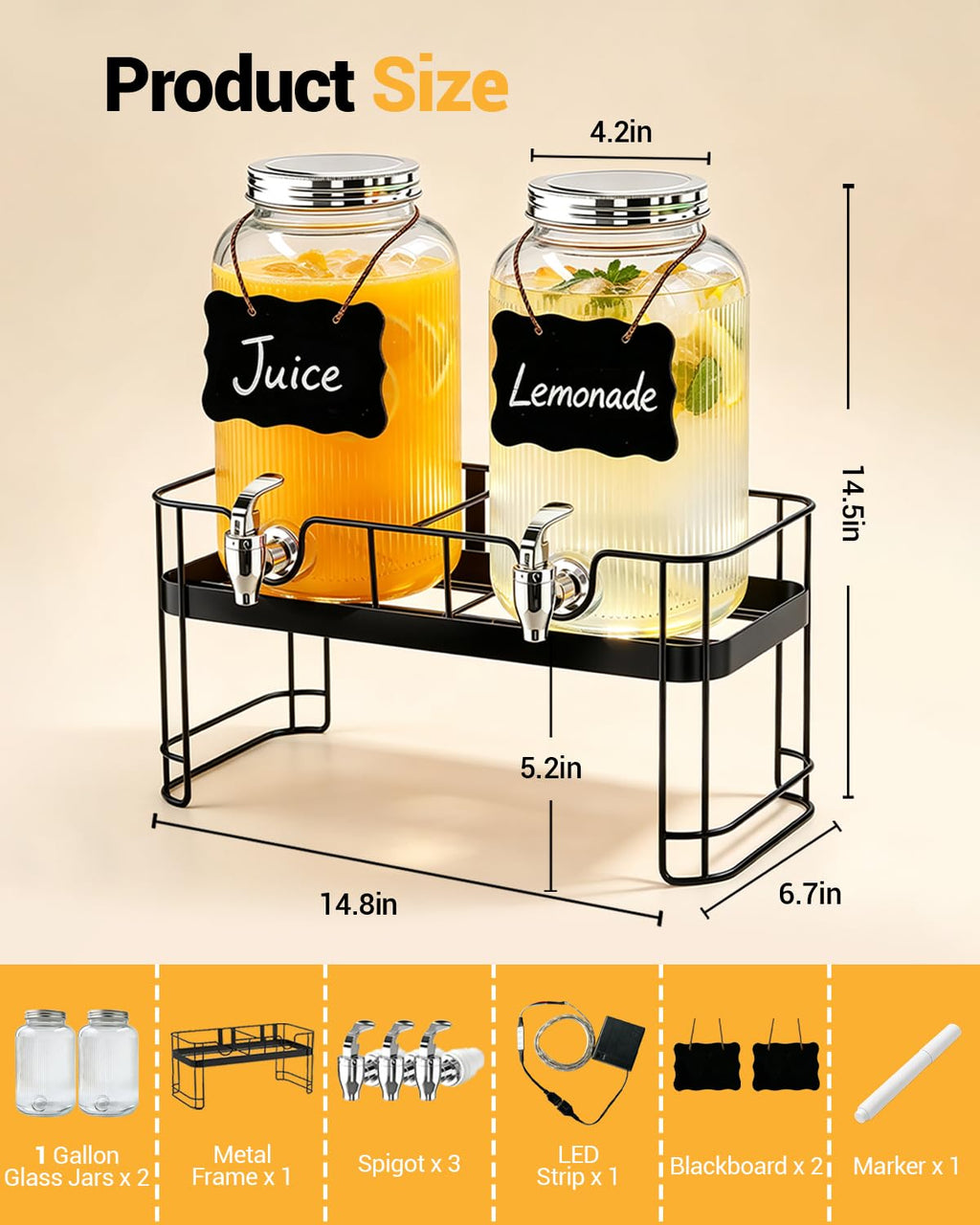 2 Pack 1 Gallon Glass Drink Dispensers with Stand M5868