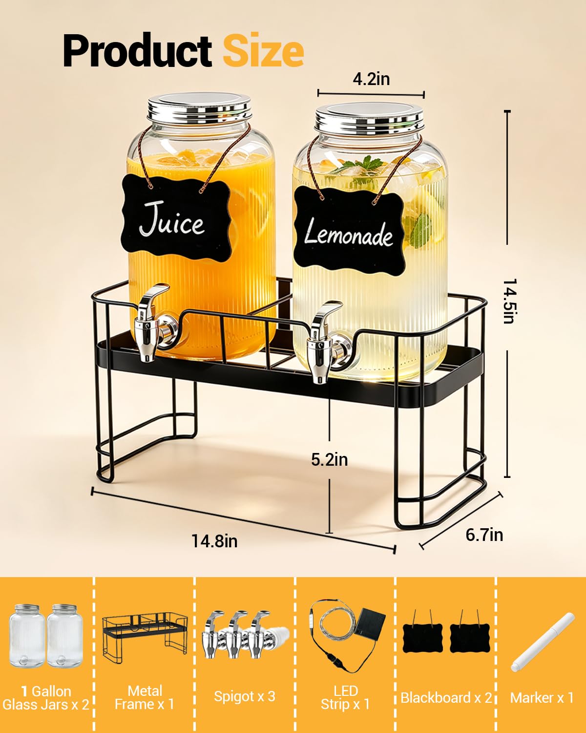 2 Pack 1 Gallon Glass Drink Dispensers with Stand M5868