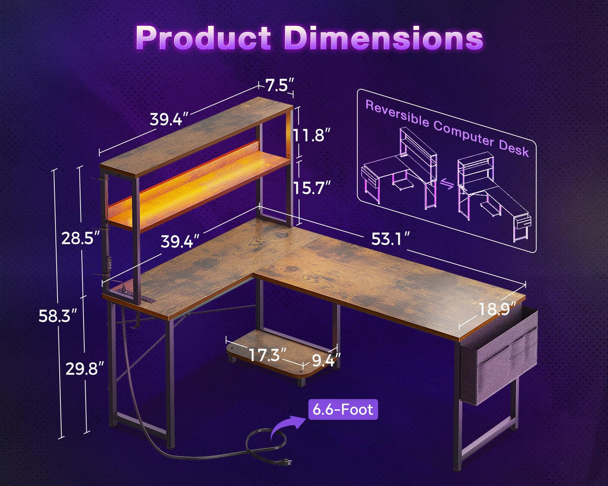 53" L Shaped Gaming Desk with Shelves V463064