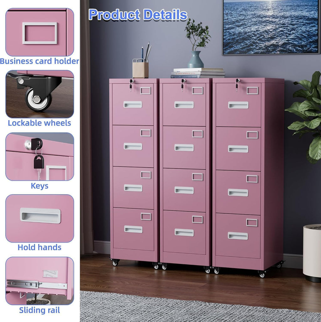 Pink 4-Drawer Metal File Cabinet with Lock and Wheels I720