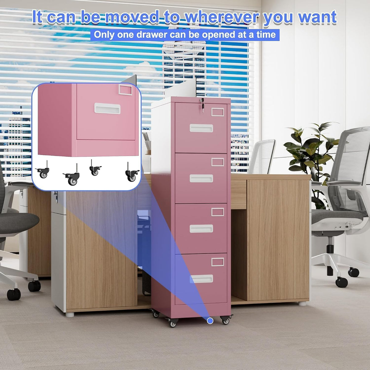 Pink 4-Drawer Metal File Cabinet with Lock and Wheels I720