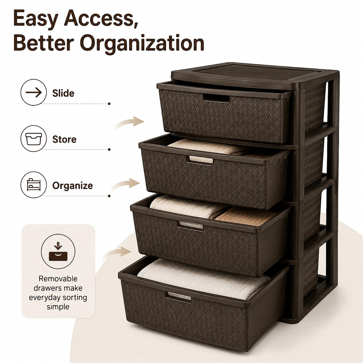 Brown 4-Drawer Plastic Storage Tower Y90498