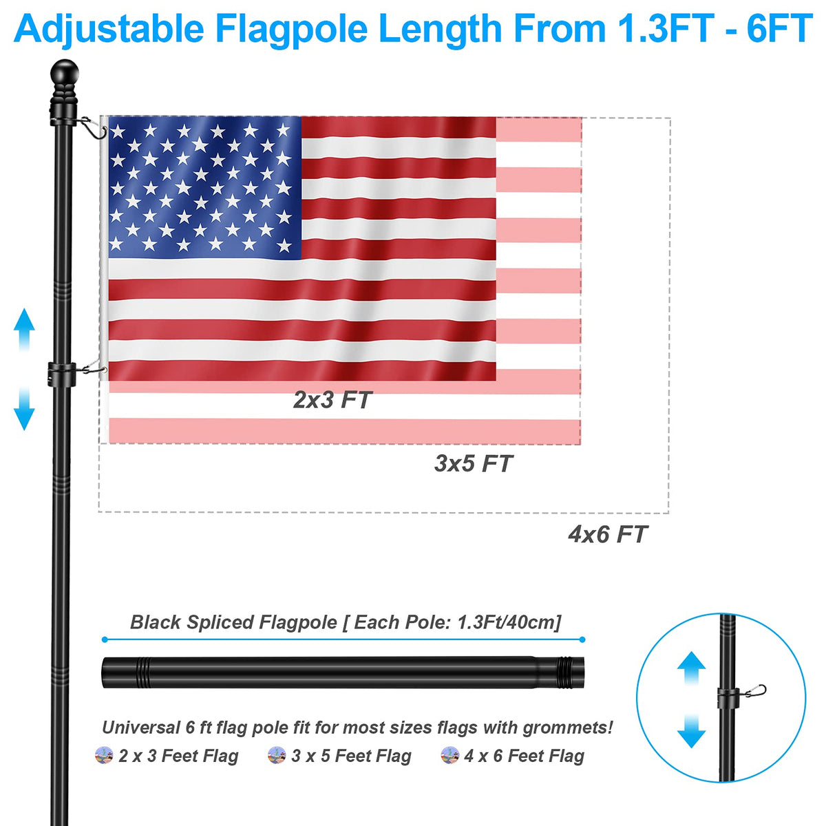 6 FT Black Metal Flagpole Kit and 1" Flag Pole Holder F37712