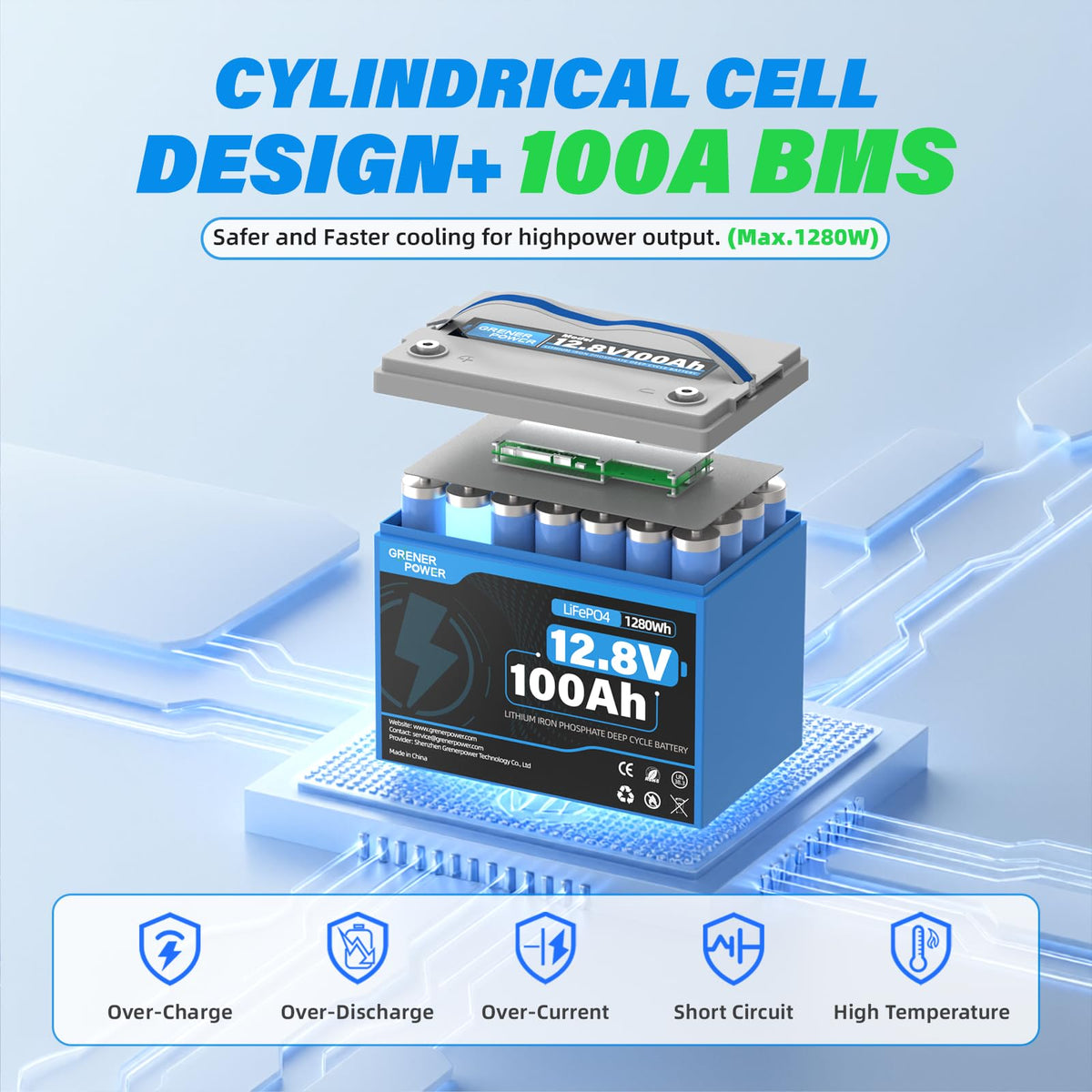 12V 100Ah LiFePO4 Lithium Battery, 15000 Cycles, 100A BMS D451195