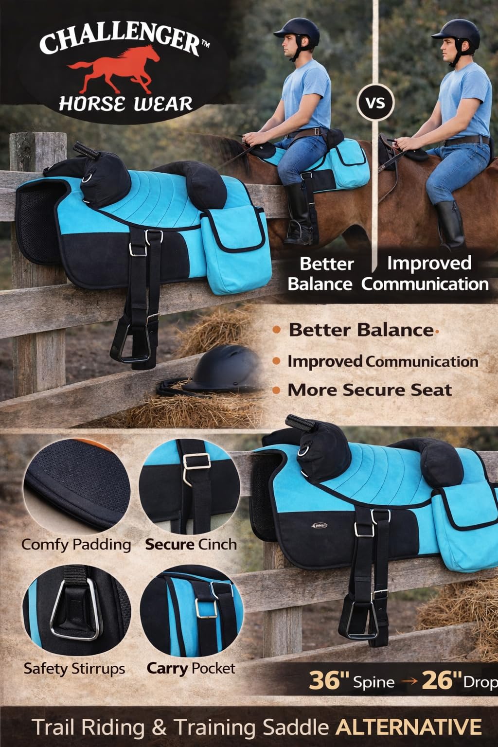 Horse Western Bareback Trail Saddle Pad with Pockets Girth Stirrups X367697