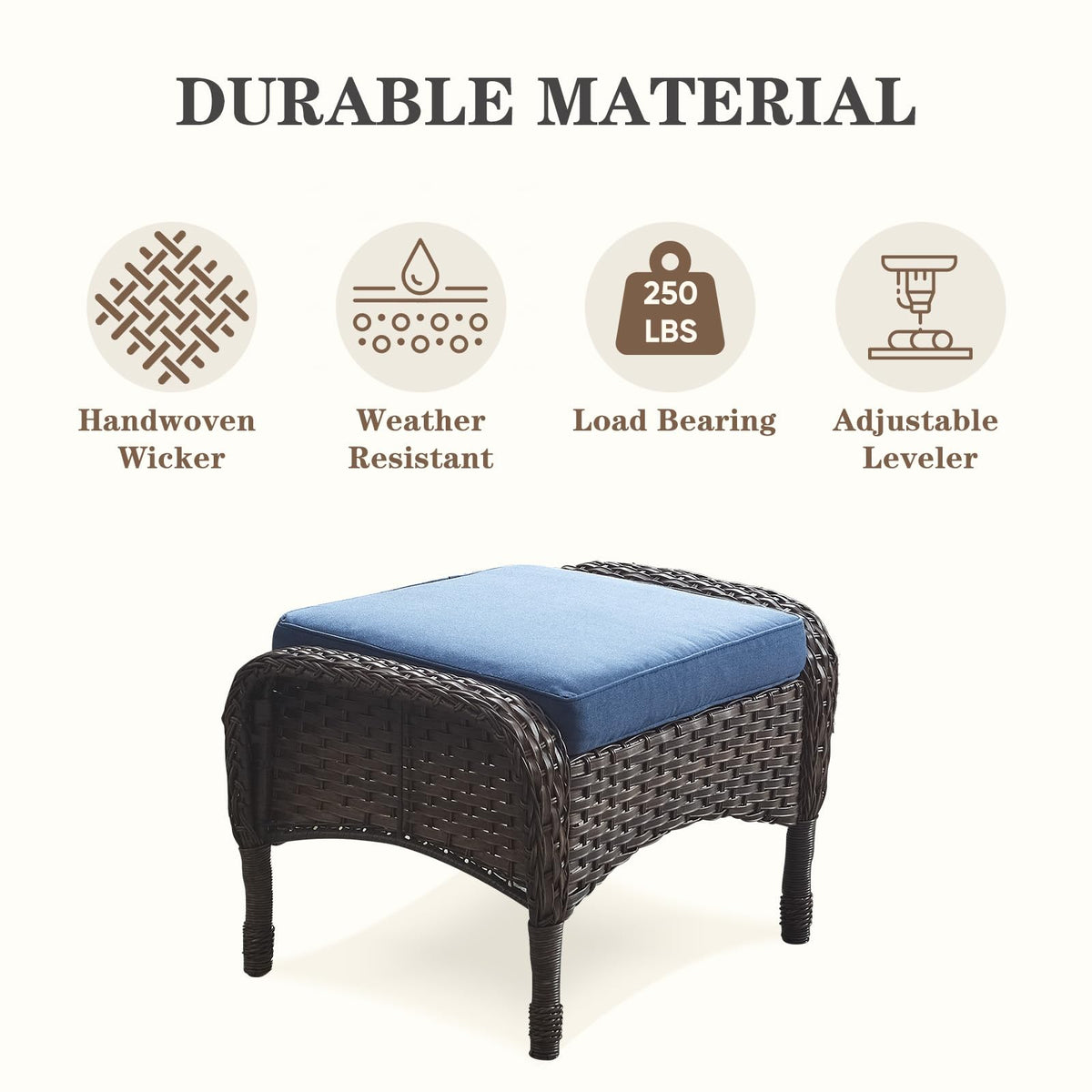 25 Inch PE Wicker Foot Stool Set of 2 with Removable Cushions Brown Y528