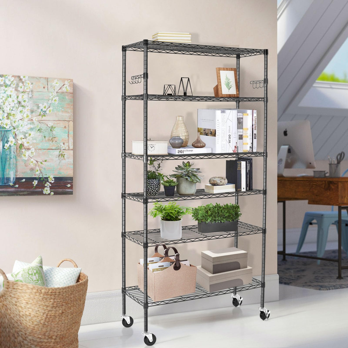 6 Tier Heavy Duty Adjustable Metal Wire Shelving Rack with Wheels, Black H764