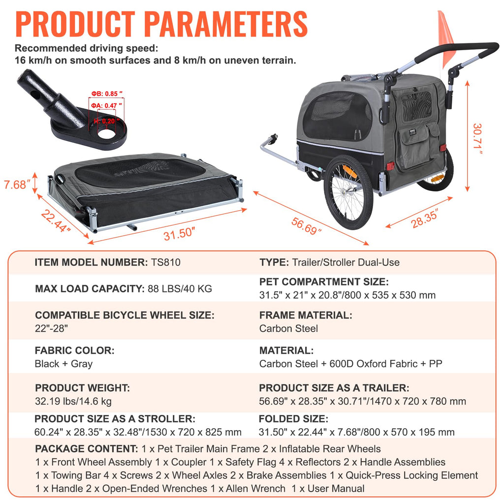 Dog Bike Trailer 2-in-1 Pet Stroller Bicycle Carrier S3654