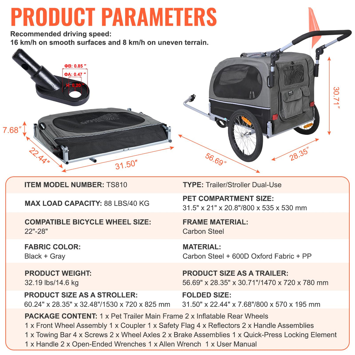 Dog Bike Trailer 2-in-1 Pet Stroller Bicycle Carrier S3654