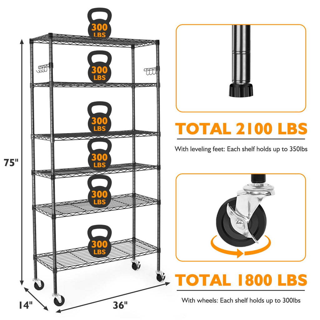 6 Tier Heavy Duty Adjustable Metal Wire Shelving Rack with Wheels, Black H764