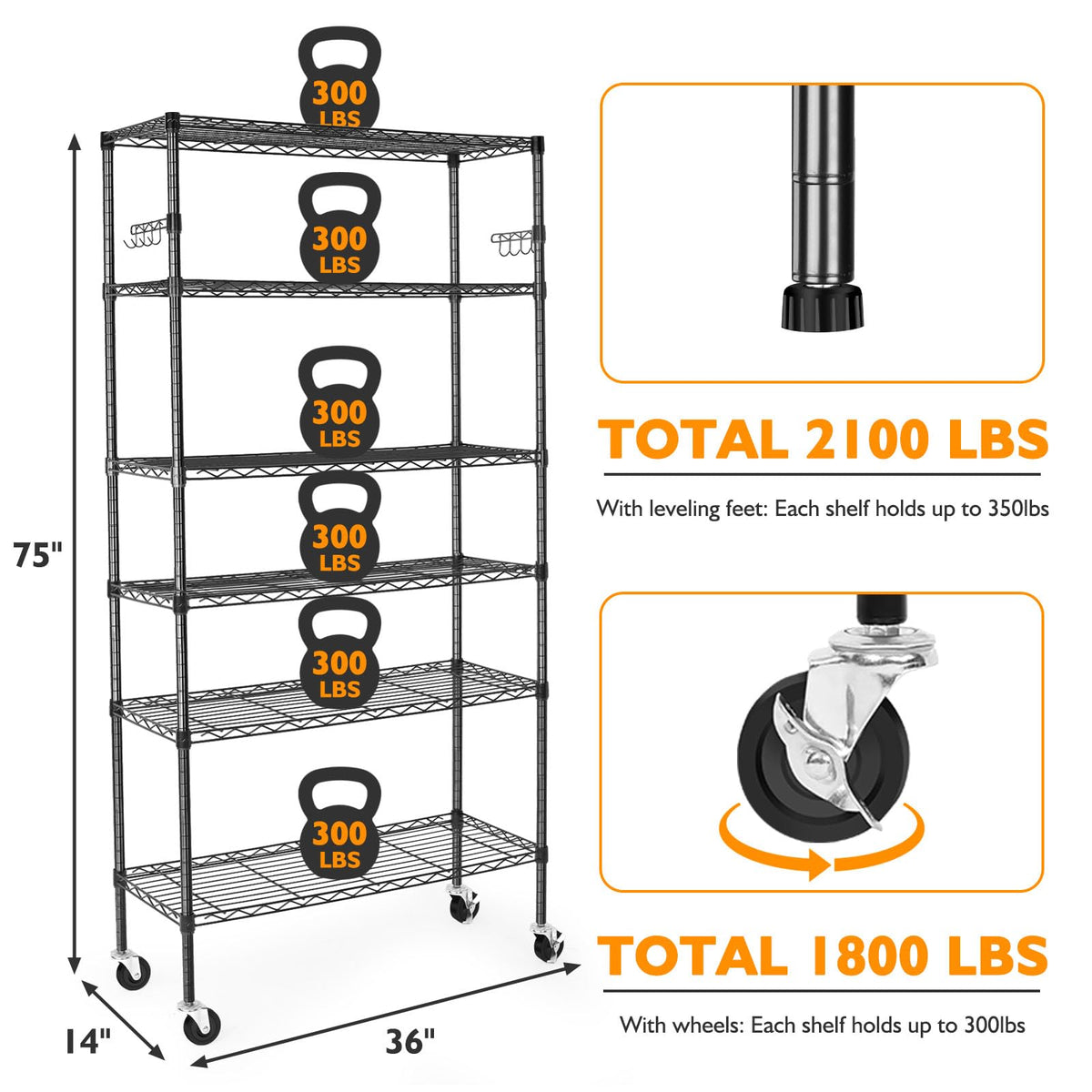 6 Tier Heavy Duty Adjustable Metal Wire Shelving Rack with Wheels, Black H764