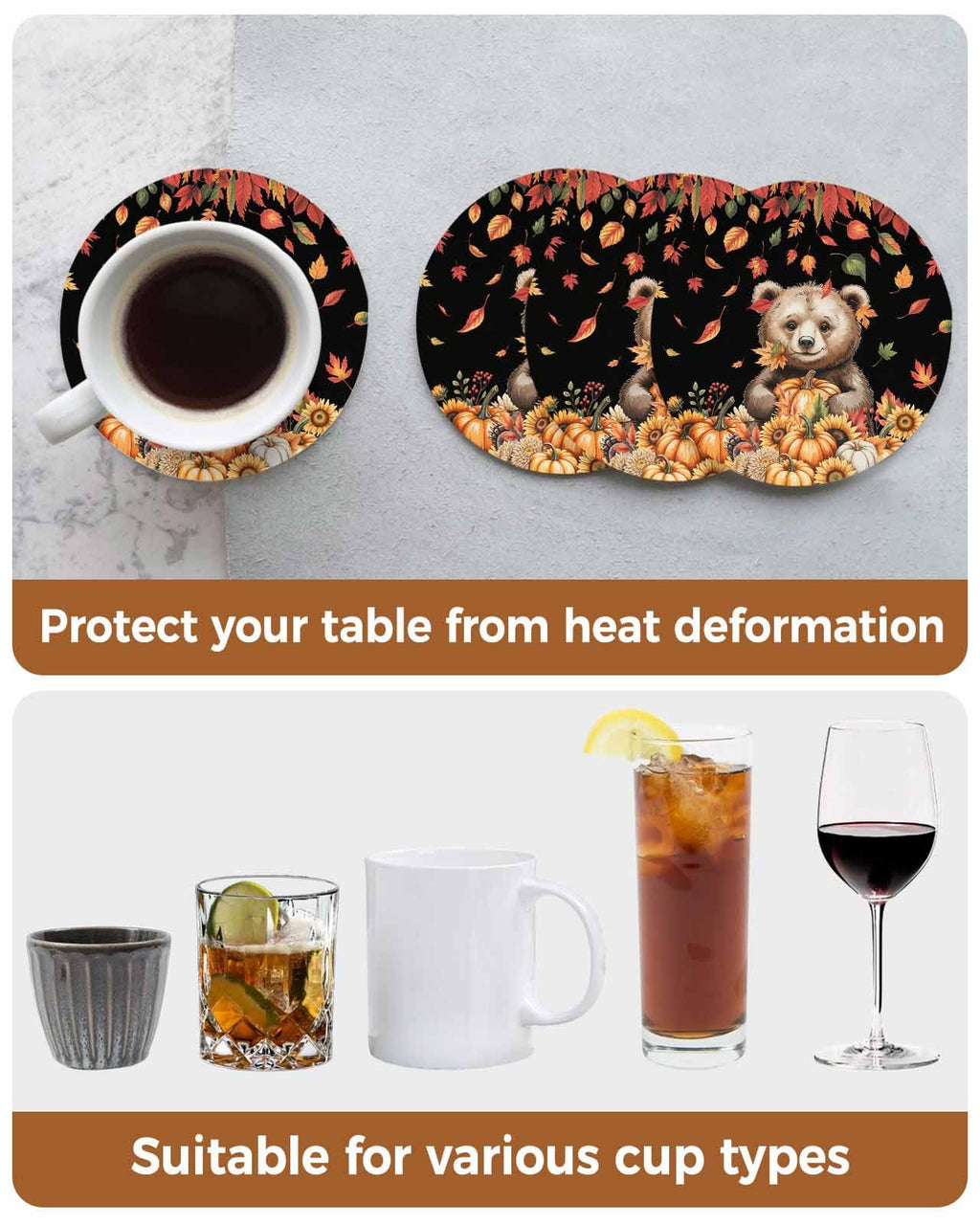 Absorbent Stone Ceramic Coaster with Cork Back, Set of 8 I5684