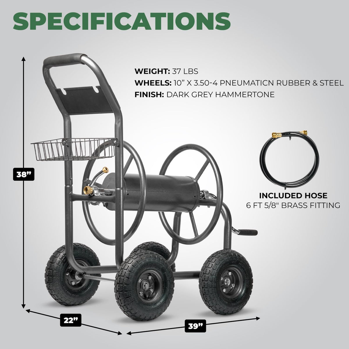 Hose Reel Cart with Wheels, 300-Feet Capacity, Grey C15527