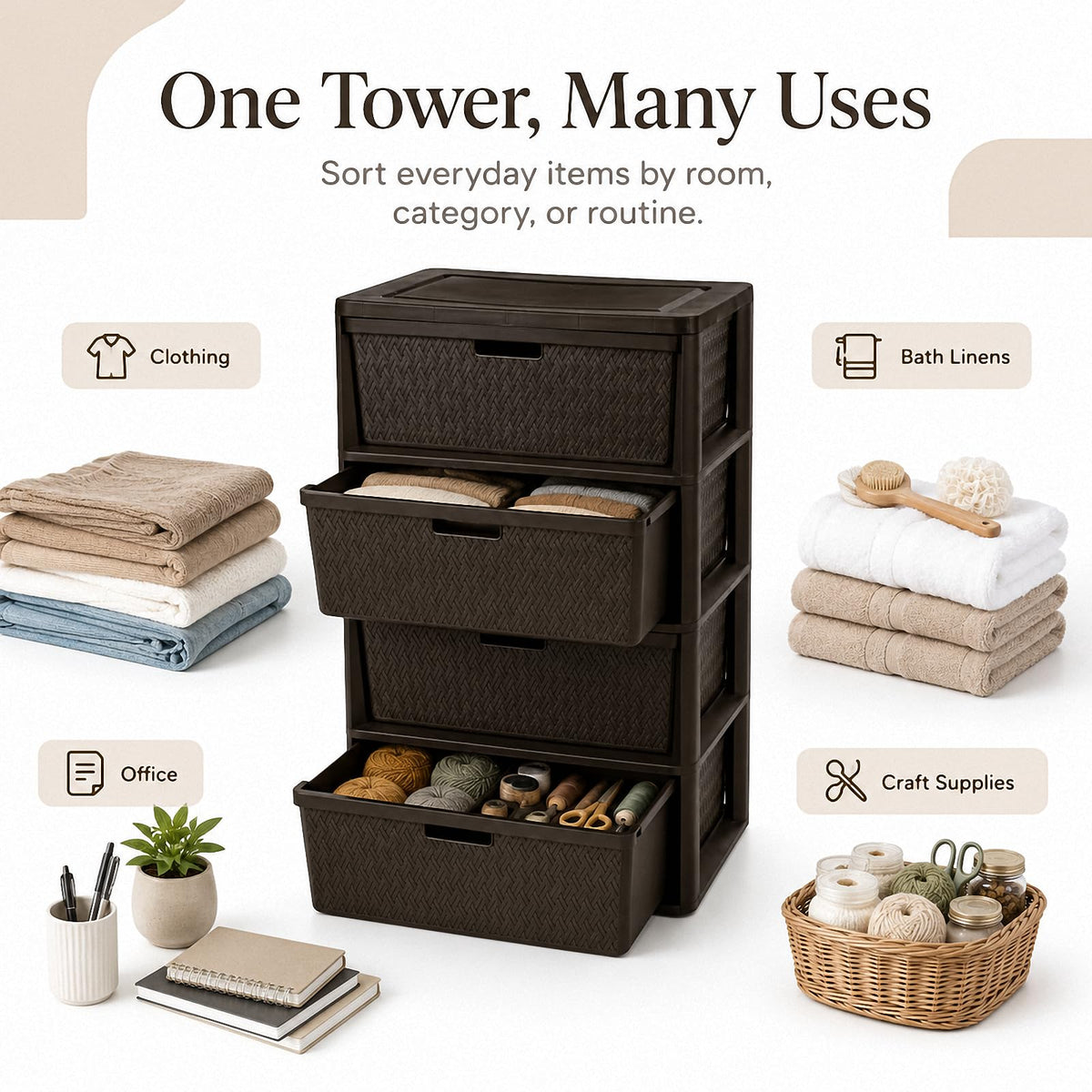 Brown 4-Drawer Plastic Storage Tower Y90498