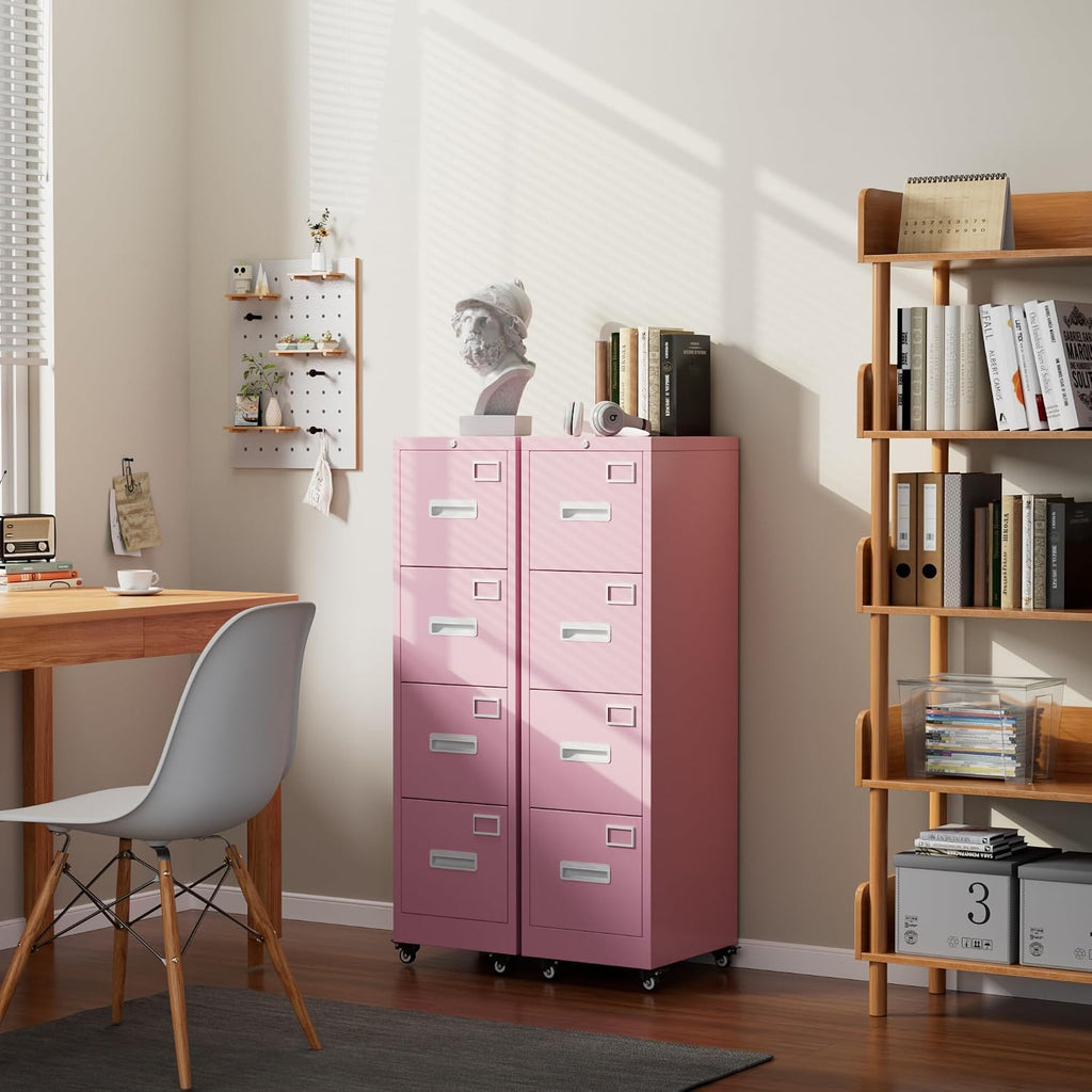 Pink 4-Drawer Metal File Cabinet with Lock and Wheels I720