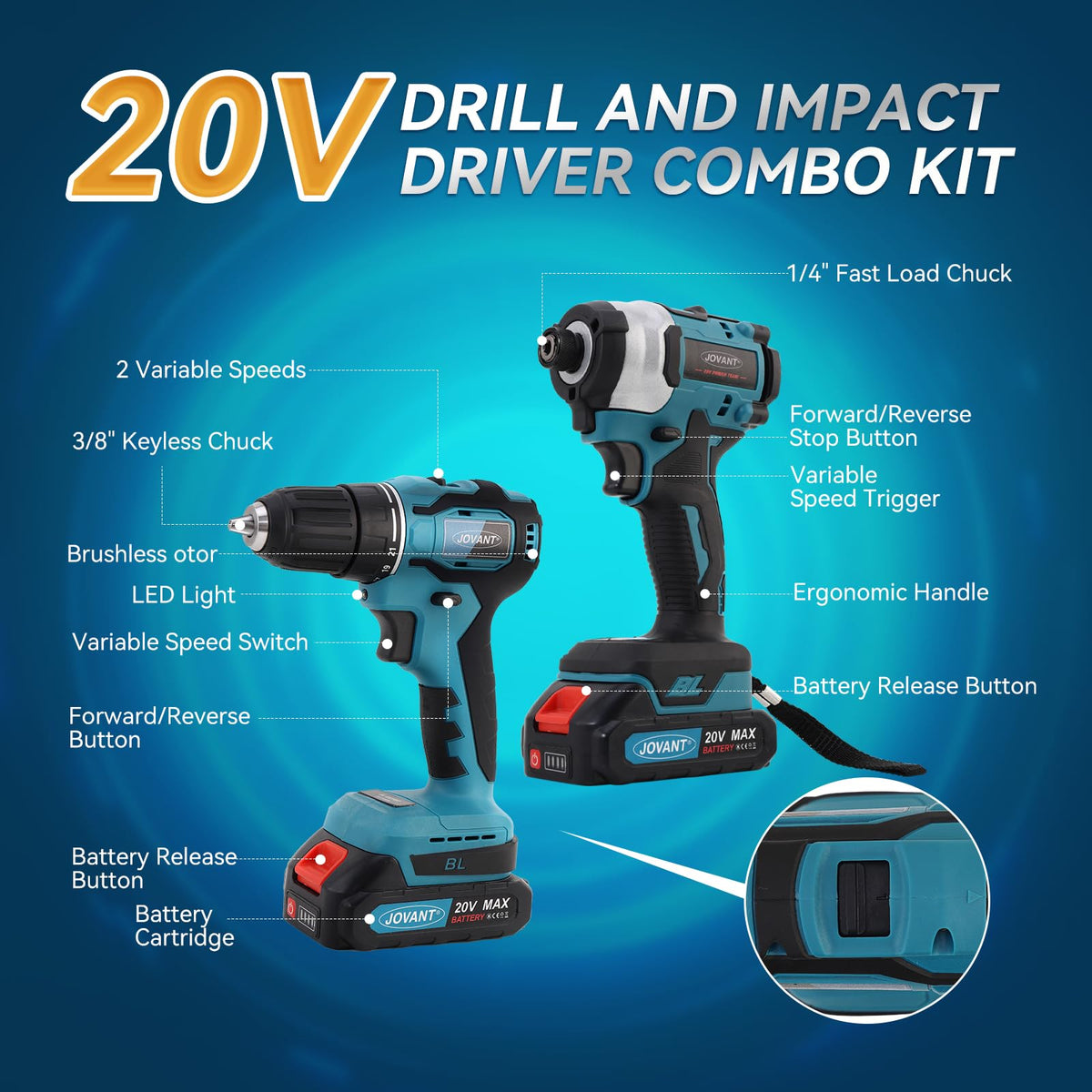 Cordless Drill and Impact Driver Combo Kit with 2 Batteries W565