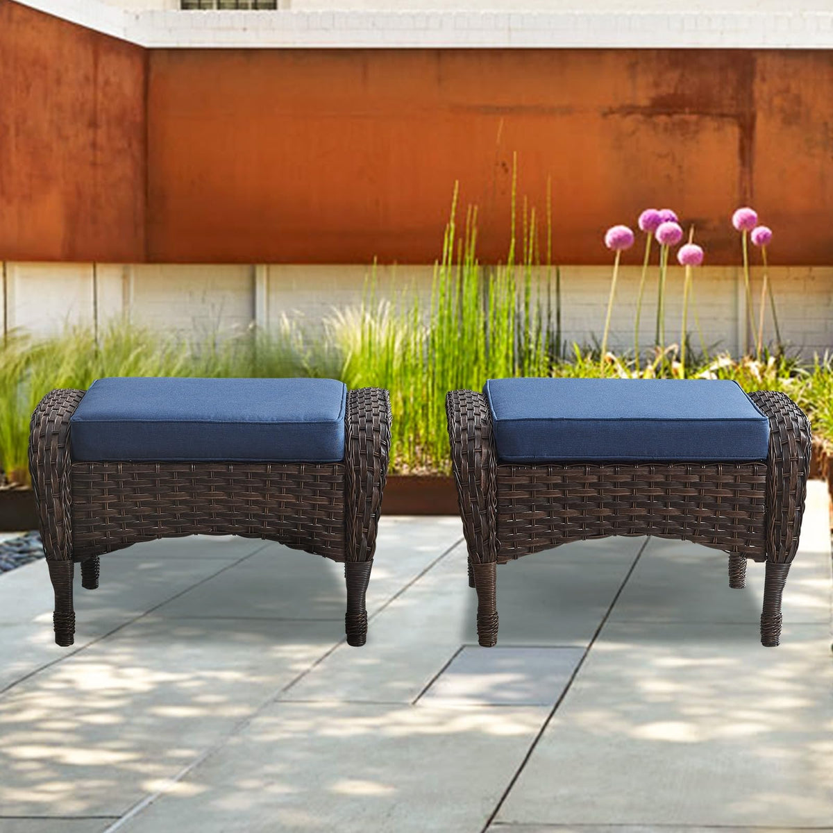 25 Inch PE Wicker Foot Stool Set of 2 with Removable Cushions Brown Y528