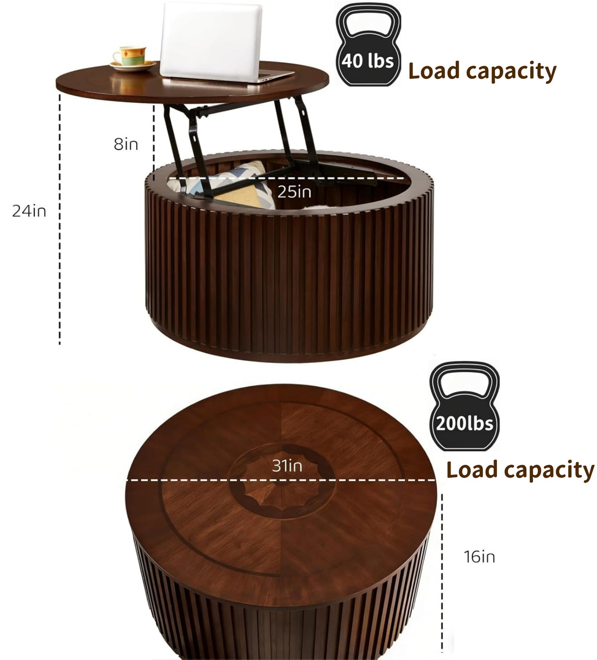 Round Lift Top Coffee Table with Storage C750