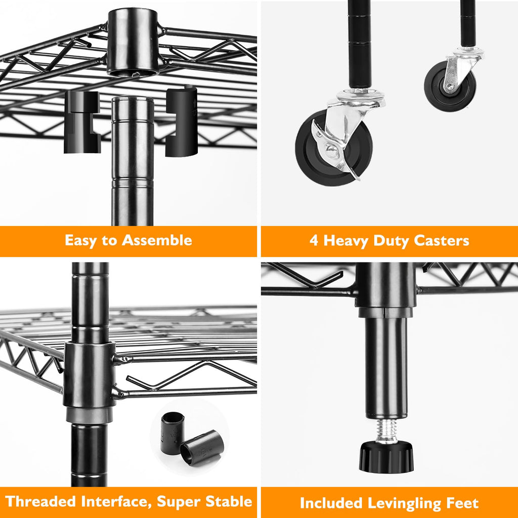 6 Tier Heavy Duty Adjustable Metal Wire Shelving Rack with Wheels, Black H764