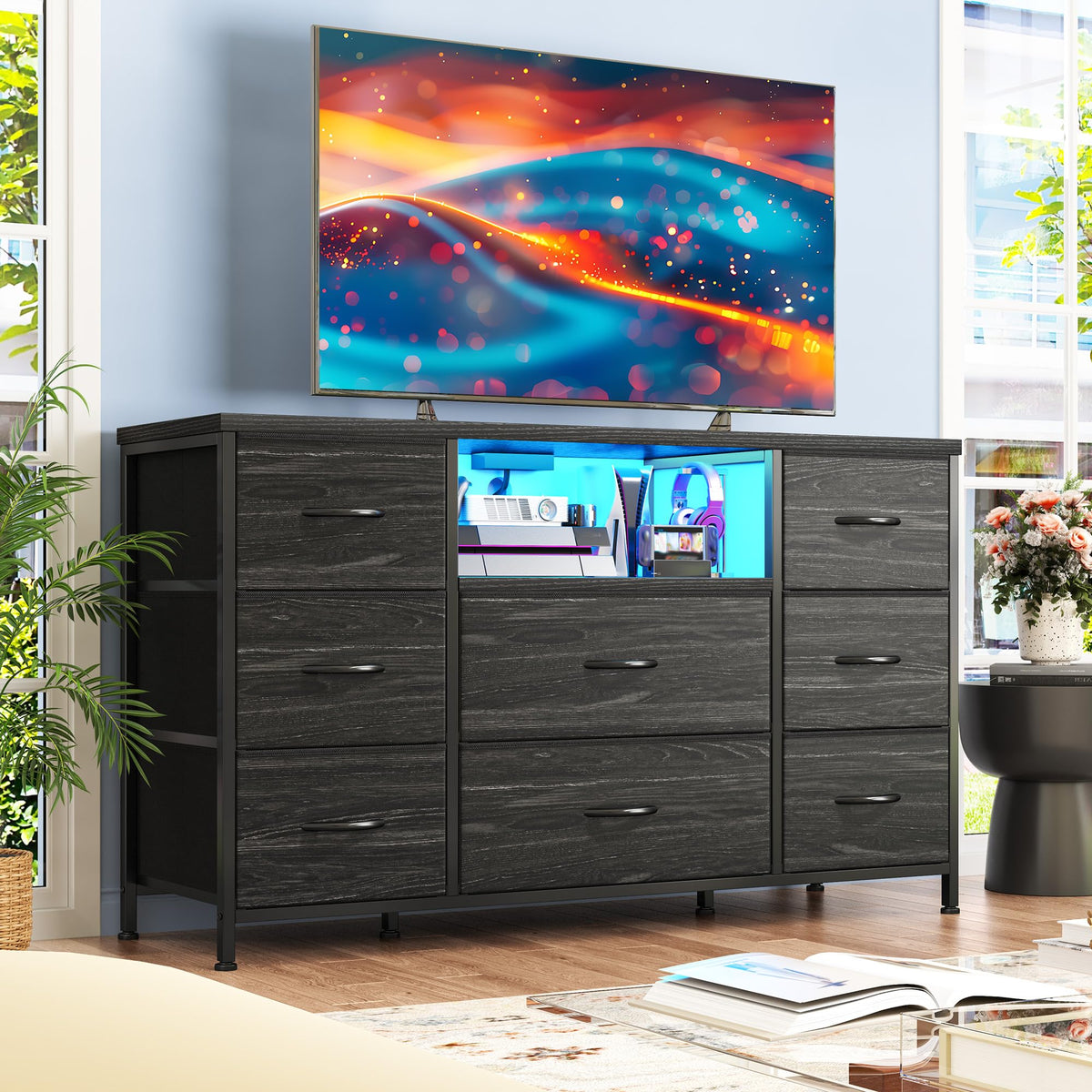 Black Dresser with LED Lights & Charging Station P34220
