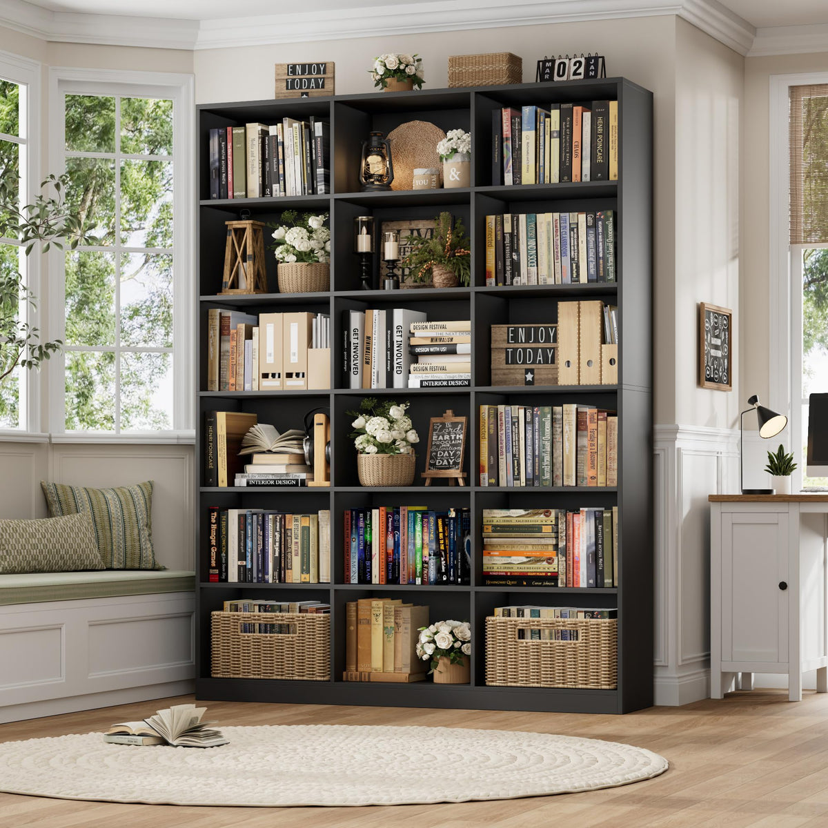 59" W Triple Wide Black Bookshelf and Bookcase J2955