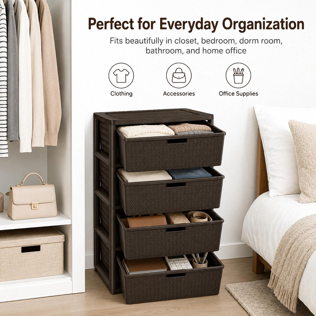 Brown 4-Drawer Plastic Storage Tower Y90498