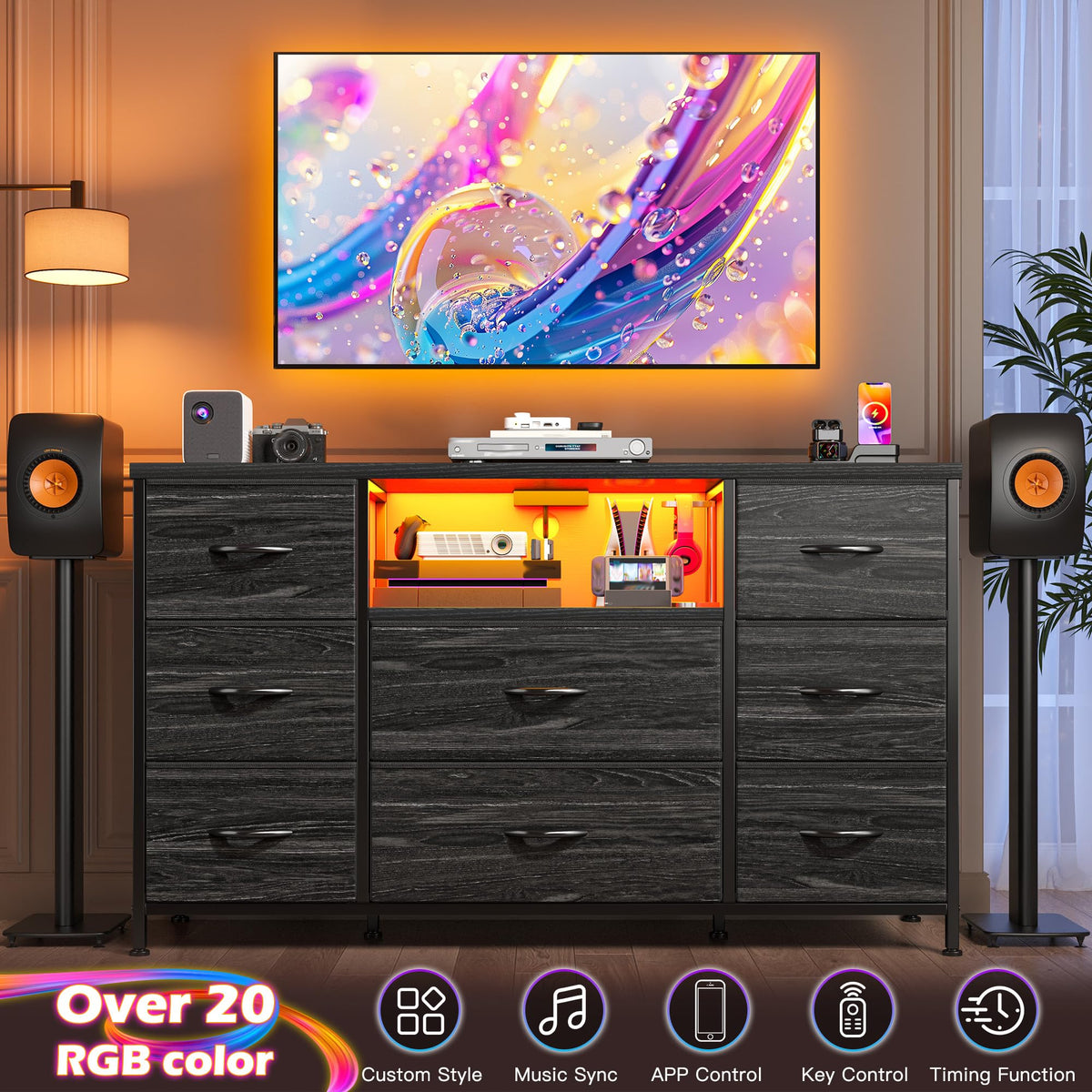 Black Dresser with LED Lights & Charging Station P34220