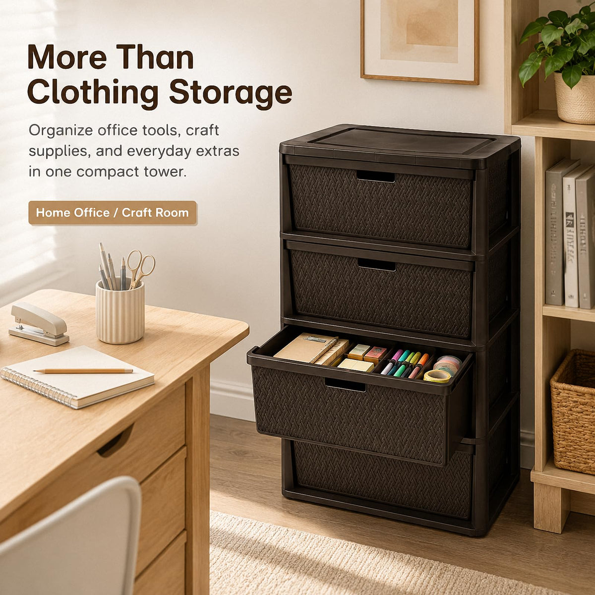 Brown 4-Drawer Plastic Storage Tower Y90498