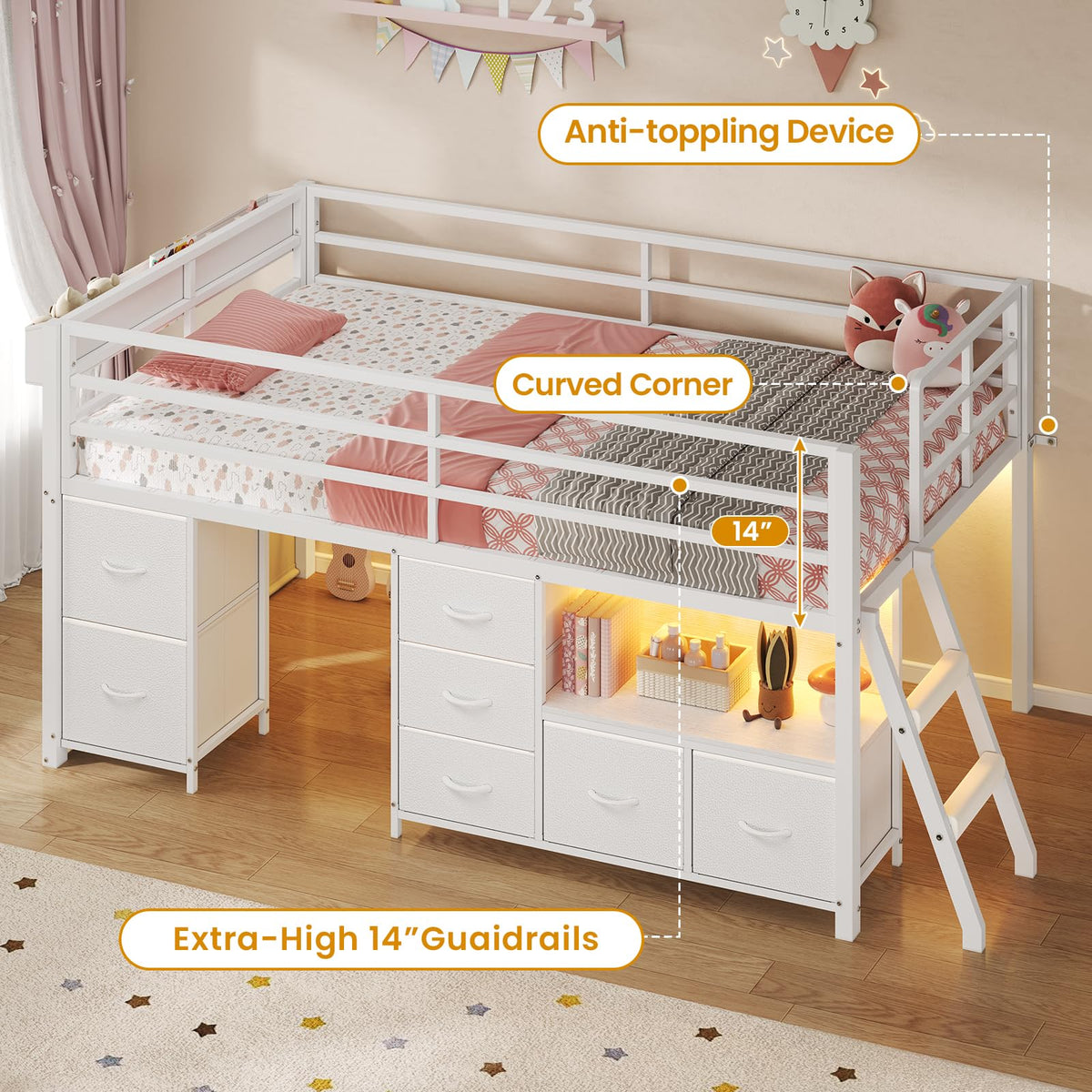 Twin Size Low Loft Bed with 7 Drawers M65910