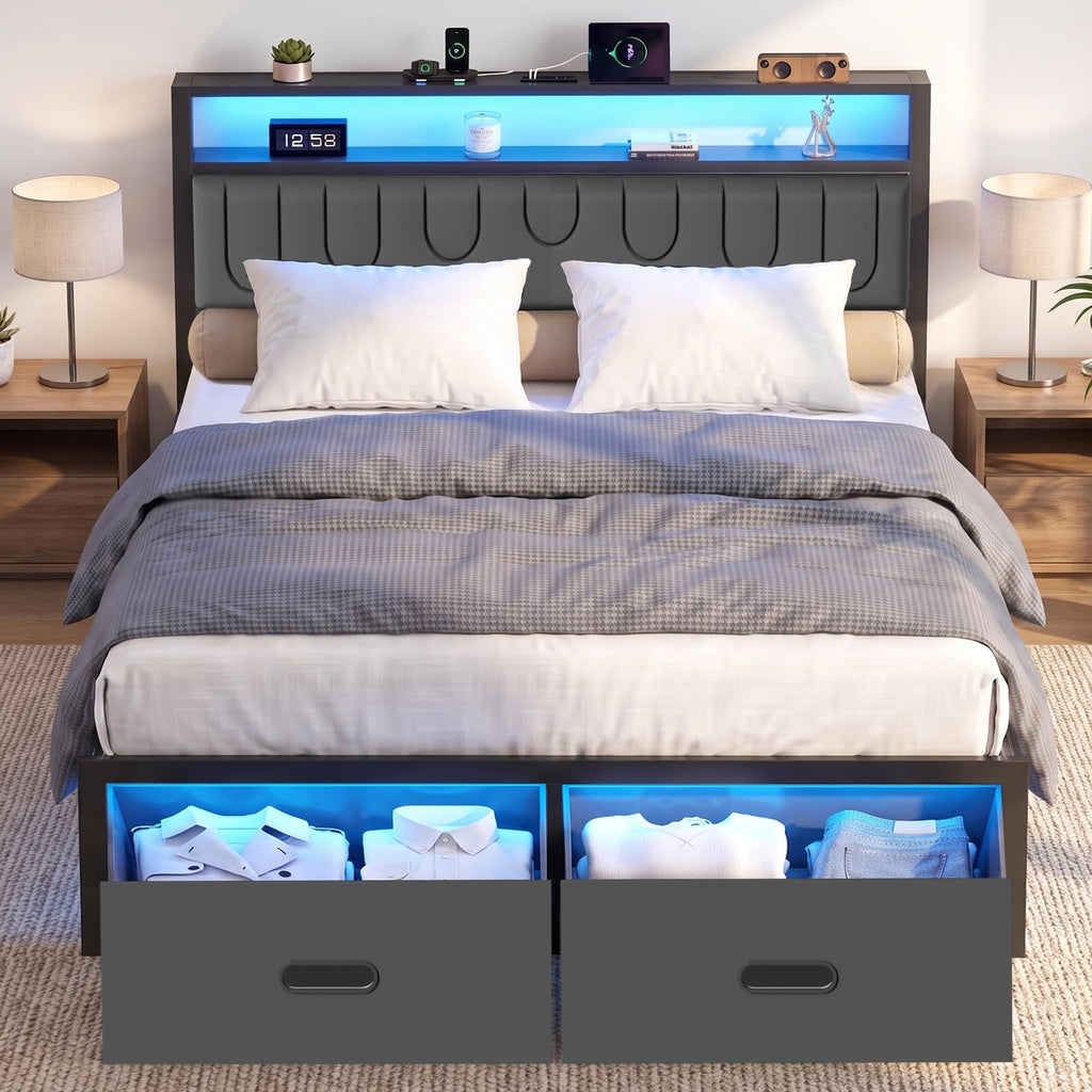 Full Bed Frame with 2 Drawers, LED Lights and Charging Station P436