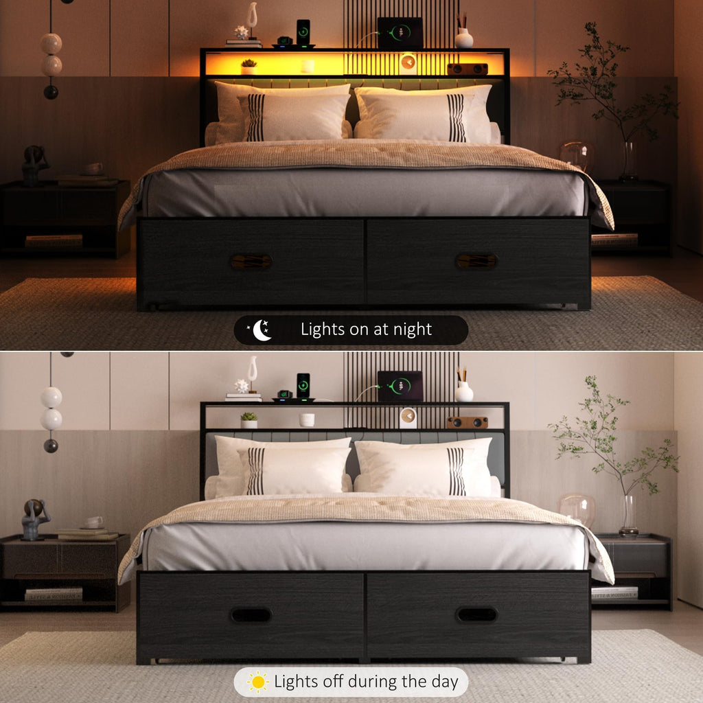 Full Bed Frame with 2 Drawers, LED Lights and Charging Station P436
